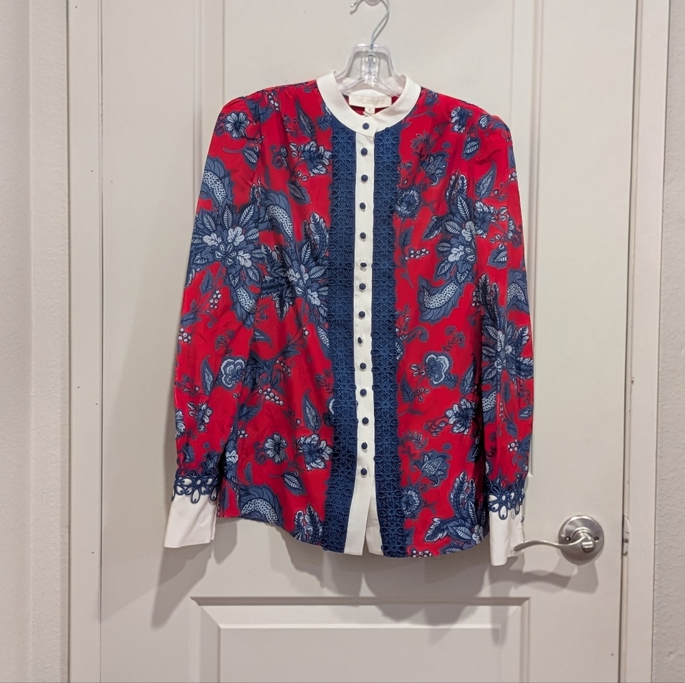 Etcetera Trellis Print Long Sleeve Floral Red and Blue Button-Up Blouse Size 0